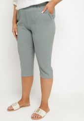 Ciemnozielone Spodnie z Gumką w Pasie 7/8 Tenimira. Zielone jeansy Born2be, plus size, bez wzorów, z jeansu, eleganckie. Za 69.99 zł.