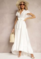 Biała Sukienka z Materiałowym Paskiem i Wiskozą Wykończona Guzikami i Falbanką Hanesi. Białe sukienki Renee, na co dzień, l, bez wzorów, z materiału, eleganckie, bez kołnierzyka, bez ramiączek, maxi. W wyprzedaży za 143.99 zł.