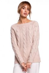 Sweter damski ze splotem typu warkocz pudrowy róż. Czerwone swetry Polskie swetry, l, w ażurowe wzory, z dzianiny, biznesowe, bez ramiączek. Za 109.00 zł.