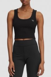 GUESS Czarny krótki damski tank top Silvy Rib, Rozmiar M. Czarne topy Guess, m, z aplikacjami, z materiału, eleganckie, bez kołnierzyka, bez ramiączek. Za 189.99 zł.