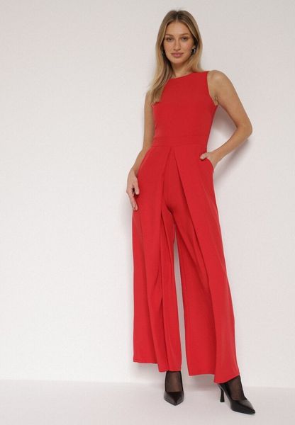 Czerwony Elegancki Kombinezon z Ozdobnymi Zakładkami Zellysha. Czerwone sukienki Born2be, na co dzień, s, z aplikacjami, eleganckie, bez kołnierzyka, bez ramiączek, proste. Za 149.99 zł.