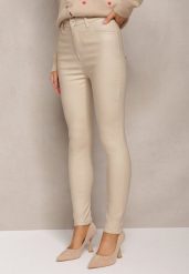 Jasnobeżowe Spodnie Skinny z Ekoskóry Zejomi. Brązowe jeansy Renee, xl, bez wzorów, z jeansu, z podwyższonym stanem. W wyprzedaży za 43.99 zł.