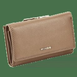 Damski portfel skórzany WINGS z ochroną RFID o pojemnym wnętrzu BEIGE. Brązowe portfele Wings, bez wzorów, ze skóry. Za 149.90 zł.