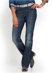Wygodne dżinsy ze stretchem o kroju bootcut z wysokim stanem. Niebieskie jeansy bonprix, bez wzorów, z jeansu, z podwyższonym stanem. Za 124.99 zł.