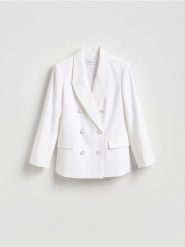 Dwurzędowa marynarka - złamana biel. Marynarki i żakiety Reserved, l, bez wzorów, z tkaniny, bez ramiączek. Za 229.99 zł.