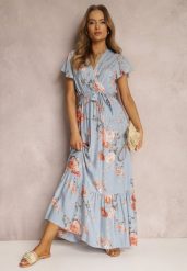 Jasnoniebieska Sukienka w Kwiaty o Kopertowym Kroju z Wiązanym Paskiem Iphene. Niebieskie sukienki Renee, na co dzień, l, bez wzorów, eleganckie, bez kołnierzyka, bez ramiączek, maxi, kopertowe. W wyprzedaży za 55.99 zł.