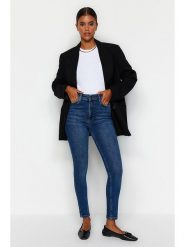 Trendyol Dżinsy - Skinny fit - w kolorze granatowym rozmiar: 44. Niebieskie jeansy Trendyol, bez wzorów, klasyczne, z podwyższonym stanem. Za 96.14 zł.