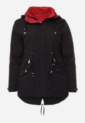 Czarno-Czerwona Dwustronna Kurtka Przejściowa w Stylu Parki z Kapturem Tidala. Czarne kurtki Born2be, plus size, bez wzorów, z jeansu, klasyczne, z kapturem. Za 119.99 zł.