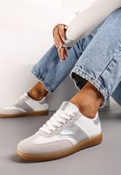 Biało-Srebrne Sneakersy Tenisówki z Klasycznym Sznurowaniem Norio. Białe trampki Renee, bez wzorów, z jeansu, klasyczne, bez zapięcia. W wyprzedaży za 63.99 zł.