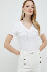 Liu Jo t-shirt bawełniany kolor biały. Białe t-shirty Liu Jo, z aplikacjami, z bawełny, bez kołnierzyka, bez ramiączek. Za 359.99 zł.