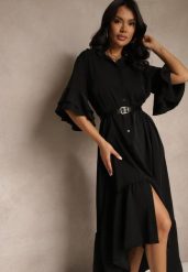 Czarna Koszulowa Sukienka Ozdobiona Falbanką Ransara. Czarne sukienki Renee, na co dzień, bez wzorów, eleganckie, bez kołnierzyka, bez ramiączek, midi, koszulowe. W wyprzedaży za 83.99 zł.
