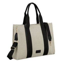 Duży shopper damski w beżowo-czarnym kolorze wykonany z włókna pomialidowego i skóry ekologicznej Rovicky R-CAN-04. Brązowe shopper bag ROVICKY, bez wzorów, ze skóry ekologicznej, eleganckie, bez dodatków. Za 119.99 zł.