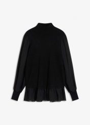 Sweter z cienkiej dzianiny z koszulowymi wstawkami. Czarne swetry bonprix, bez wzorów, z dzianiny, bez ramiączek. Za 112.99 zł.
