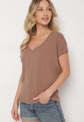 Ciemnobeżowy Bawełniany T-shirt z Trójkątnym Dekoltem Linarosea. Brązowe t-shirty Born2be, s, bez wzorów, z bawełny, klasyczne, bez kołnierzyka, bez ramiączek. W wyprzedaży za 46.74 zł.