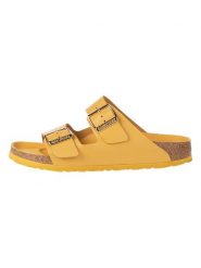 Birkenstock Skórzane klapki w kolorze żółtym rozmiar: 39. Żółte klapki Birkenstock, bez wzorów, klasyczne, z otwartym noskiem, bez obcasa, bez zapięcia. Za 494.95 zł.