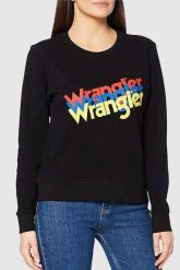 DAMSKA BLUZA MATERIAŁOWA WRANGLER CREW SWEAT BLACK W6Z2HA100 112130860. Czarne bluzy Wrangler, s, bez wzorów, z materiału, bez ramiączek, bez kaptura. Za 149.99 zł.