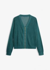 Kardigan ażurowy z lekkim połyskiem. Niebieskie swetry bonprix, w ażurowe wzory, eleganckie, bez ramiączek. Za 147.99 zł.