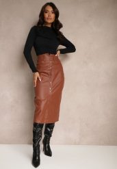 Jasnobrązowa Spódnica z Ekoskóry High Waist z Rozcięciem i Napami z Przodu Asttia. Brązowe spódnice Renee, na co dzień, l, bez wzorów, z bawełny, midi, dopasowane. W wyprzedaży za 75.99 zł.