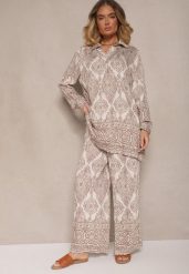 Ciemnobeżowy Komplet z Wiskozą o Kroju Oversize Koszula i Spodnie Nilarithia. Brązowe koszule Renee, m, bez wzorów, z materiału, eleganckie, bez kołnierzyka, bez ramiączek. W wyprzedaży za 107.99 zł.