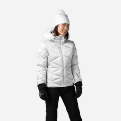 Kurtka narciarska damska Rossignol Staci Metallic. Szare kurtki przeciwdeszczowe Rossignol, na jesień, l, bez wzorów, z materiału, z kapturem, narciarskie. Za 1,549.00 zł.