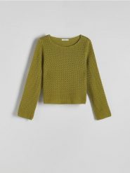 Ażurowy sweter - oliwkowy. Zielone swetry Reserved, l, w ażurowe wzory, z bawełny, bez ramiączek. Za 119.99 zł.