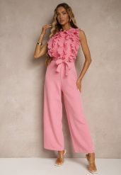 Różowy Kombinezon Koktajlowy z Żabotem Materiałowym Paskiem i Szerokimi Nogawkami Venelsea. Czerwone sukienki Renee, na imprezę, m, bez wzorów, z materiału, eleganckie, bez kołnierzyka, bez ramiączek, kopertowe. Za 139.99 zł.