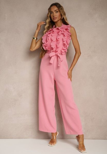 Różowy Kombinezon Koktajlowy z Żabotem Materiałowym Paskiem i Szerokimi Nogawkami Venelsea. Czerwone sukienki Renee, na imprezę, m, bez wzorów, z materiału, eleganckie, bez kołnierzyka, bez ramiączek, kopertowe. Za 139.99 zł.