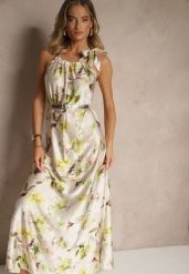 Zielona Sukienka z Satyny w Kwiatowy Wzór Fenimea. Zielone sukienki Renee, na imprezę, s, bez wzorów, z satyny, eleganckie, bez kołnierzyka, bez ramiączek, maxi. W wyprzedaży za 143.99 zł.