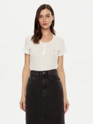 Tommy Jeans T-Shirt DW0DW19502 Biały Slim Fit. Białe t-shirty Tommy Jeans, xs, bez wzorów, z bawełny, bez kołnierzyka, bez ramiączek. Za 99.99 zł.