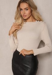 Jasnobeżowy Sweter z Wiskozą z Prążkowanego Materiału Ozdobiony Napami Beroma. Brązowe swetry Renee, m, bez wzorów, z jeansu, casualowe, bez ramiączek. W wyprzedaży za 87.99 zł.