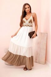 Sukienka damska boho maxi na ramiączkach z ażurową górą beżowy + camelowy. Brązowe sukienki Kesi Włoski, na plażę, l, w ażurowe wzory, z bawełny, boho, bez kołnierzyka, bez ramiączek, maxi, rozkloszowane. Za 217.48 zł.