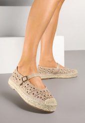 Beżowe Płaskie Espadryle z Plecionką i Ażurową Cholewką Aralithra. Brązowe espadryle Renee, w ażurowe wzory, eleganckie, z okrągłym noskiem, bez obcasa, na płaskiej podeszwie. W wyprzedaży za 56.99 zł.