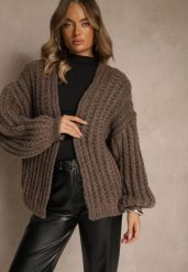 Brązowy Oversizowy Kardigan Bez Zapięć z Dodatkiem Wełny i Wiskozy Titanesa. Brązowe swetry Renee, z aplikacjami, z koronki, bez ramiączek. Za 169.99 zł.