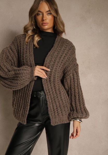 Brązowy Oversizowy Kardigan Bez Zapięć z Dodatkiem Wełny i Wiskozy Titanesa. Brązowe swetry Renee, z aplikacjami, z koronki, bez ramiączek. Za 139.99 zł.
