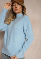 Niebieski Golf Sweter z Tłoczeniem i Ściągaczami Melovira. Niebieskie swetry Renee, z aplikacjami, z jeansu, eleganckie, bez ramiączek. Za 79.99 zł.
