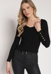 Czarny Sweter z Wiskozą z Prążkowanego Materiału z Metaliczną Nitką i Guzikami Lianodia. Czarne swetry Born2be, s, bez wzorów, z jeansu, eleganckie, bez ramiączek. Za 79.99 zł.