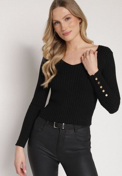 Czarny Sweter z Wiskozą z Prążkowanego Materiału z Metaliczną Nitką i Guzikami Lianodia. Czarne swetry Born2be, s, bez wzorów, z jeansu, eleganckie, bez ramiączek. Za 79.99 zł.