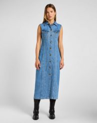 LEE DAMSKA SUKIENKA JENSOWA LONG SLIM DRESS FEELING FINE 112355119 LI68016317. Sukienki Lee, m, bez wzorów, bez kołnierzyka, bez ramiączek. Za 269.99 zł.
