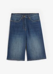 Bermudy jeansowe z wygodnym pasem. Niebieskie jeansy bonprix, bez wzorów, z jeansu. Za 107.99 zł.