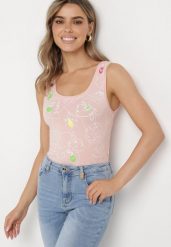 Jasnoróżowy Top Bawełniany z Florystycznym Motywem Bileria. Czerwone topy Born2be, l, bez wzorów, z bawełny, bez kołnierzyka, bez ramiączek. Za 44.99 zł.