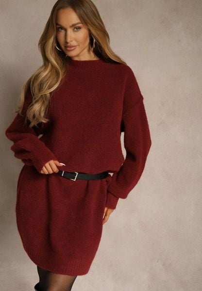 Bordowa Dzianinowa Sukienka z Dodatkiem Wełny o Pudełkowym Kroju Nesava. Czerwone sukienki Renee, na co dzień, bez wzorów, z dzianiny, bez kołnierzyka, bez ramiączek, midi, proste. Za 139.99 zł.