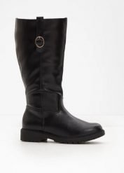 Kozaki z szeroką cholewką. Czarne kozaki bonprix, bez wzorów, bez obcasa, bez zapięcia. Za 169.99 zł.