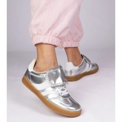Srebrne sneakersy trampki damskie sportowe srebrny. Szare trampki bez wzorów, z materiału, eleganckie, przed kostkę, bez zapięcia. Za 84.03 zł.