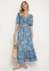 Niebieska Bawełniana Sukienka o Rozkloszowanym Kroju we Wzór Paisley Folurelle. Niebieskie sukienki Born2be, na spotkanie biznesowe, l, bez wzorów, z bawełny, eleganckie, bez kołnierzyka, bez ramiączek, maxi, rozkloszowane. W wyprzedaży za 50.99 zł.