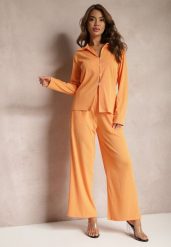 Pomarańczowy Komplet Casualowy Szerokie Spodnie z Gumką w Pasie i Koszula Sansia. Brązowe koszule Renee, m, bez wzorów, eleganckie, bez kołnierzyka, bez ramiączek. W wyprzedaży za 111.99 zł.