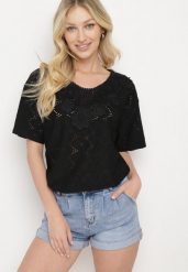 Czarny Klasyczny Ażurowy T-shirt z Krótkim Rękawem Ninnia. Czarne t-shirty Born2be, xl, w ażurowe wzory, z jeansu, biznesowe, bez kołnierzyka, bez ramiączek. Za 59.99 zł.