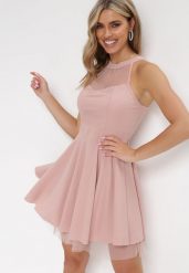 Różowa Rozkloszowana Sukienka Mini z Siateczką Philippina. Czerwone sukienki Born2be, na imprezę, bez wzorów, z tiulu, bez kołnierzyka, bez ramiączek, mini, rozkloszowane. W wyprzedaży za 93.49 zł.