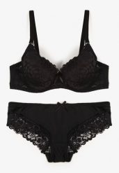Czarny Koronkowy Komplet Biustonosz i Majtki Figi w Klasycznym Stylu Ezirene. Czarne figi Renee, z aplikacjami, z jeansu. Za 39.99 zł.