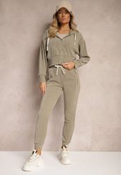 Ciemnozielony Komplet Dresowy z Dodatkiem Bawełny Spodnie z Gumką w Talii Bluza z Kapturem Sesaria. Zielone bluzy Renee, l, bez wzorów, z bawełny, bez ramiączek, z kapturem. W wyprzedaży za 119.99 zł.