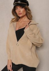 Beżowa Bluza z Wełną ze Ściągaczami i Kołnierzykiem Enadelis. Brązowe bluzy Renee, bez wzorów, z wełny, bez kaptura. W wyprzedaży za 127.99 zł.